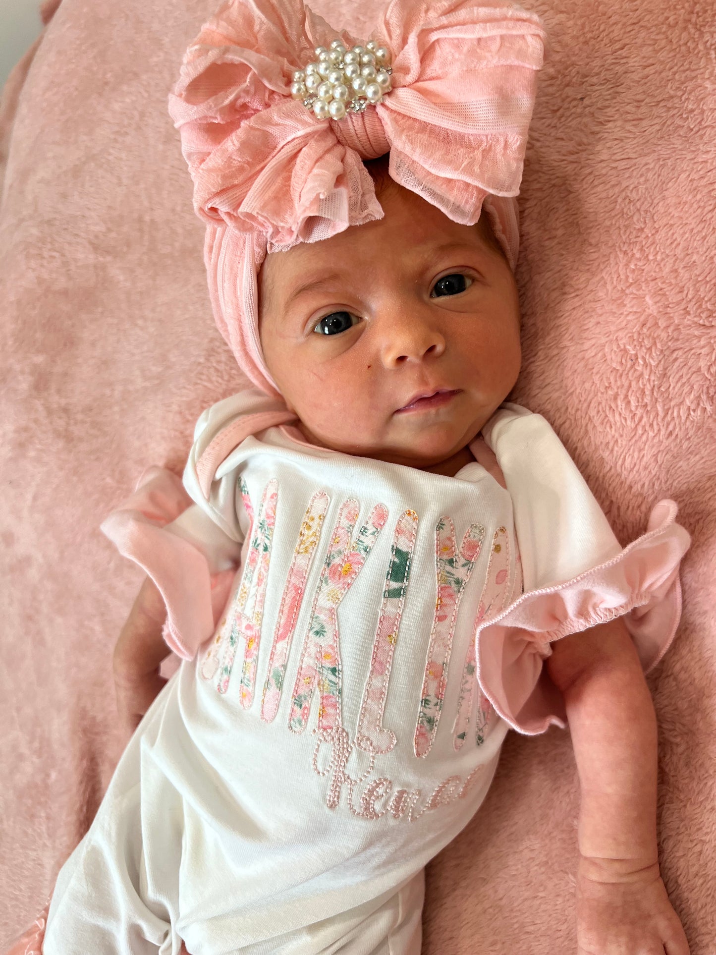 Pearl Ruffle Headband Bow - Peach