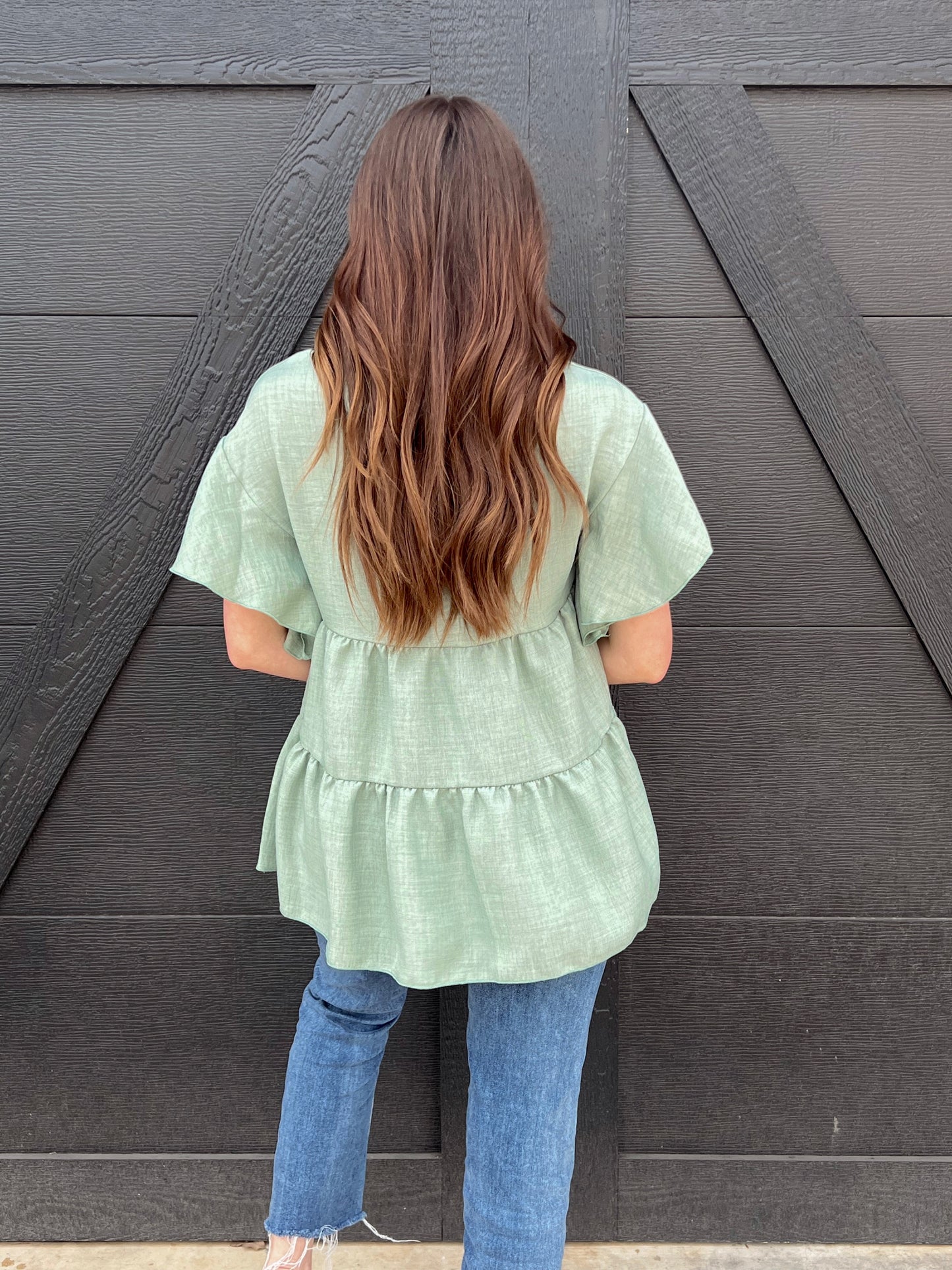 Linen Babydoll Top with Ruffle Sleeves