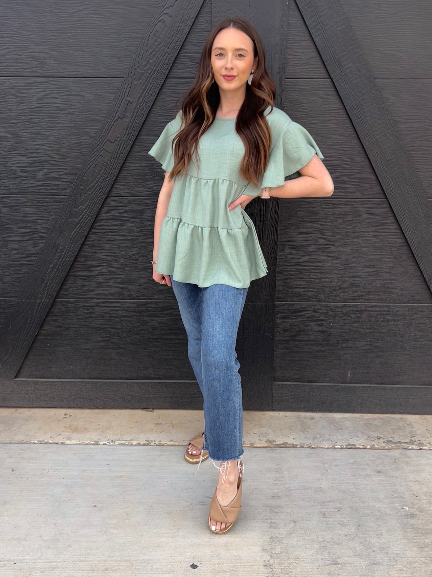 Linen Babydoll Top with Ruffle Sleeves