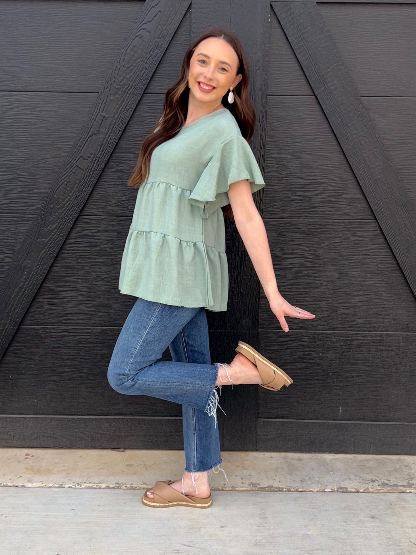 Linen Babydoll Top with Ruffle Sleeves