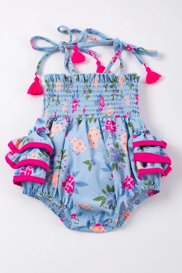 Blue Floral Ruffle Bottom Infant Bubble