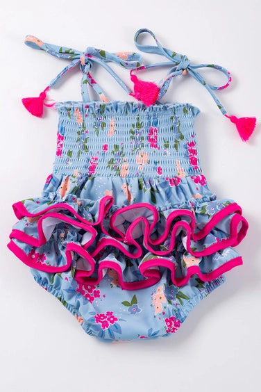 Blue Floral Ruffle Bottom Infant Bubble