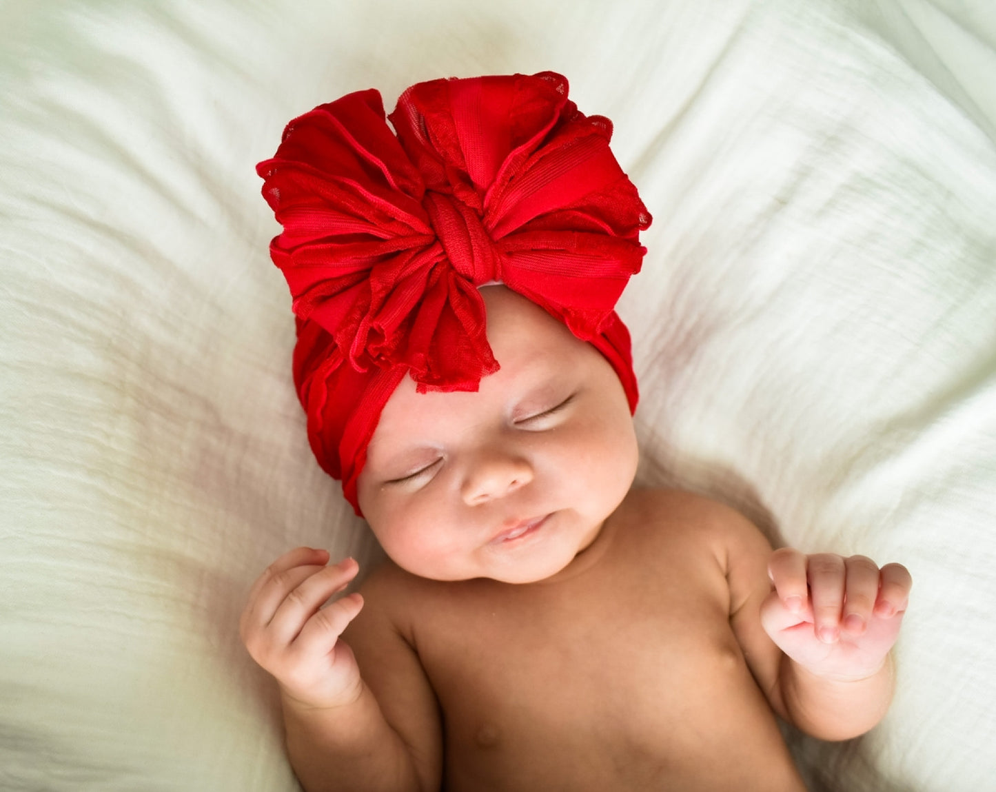 Pearl Ruffle Headband Bow - Red