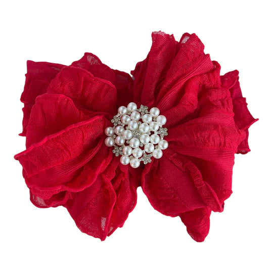 Pearl Ruffle Headband Bow - Red