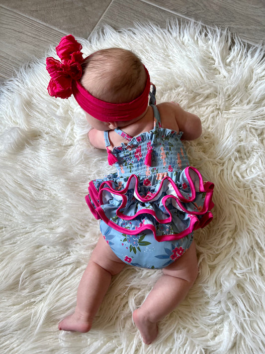 Blue Floral Ruffle Back Infant Bubble