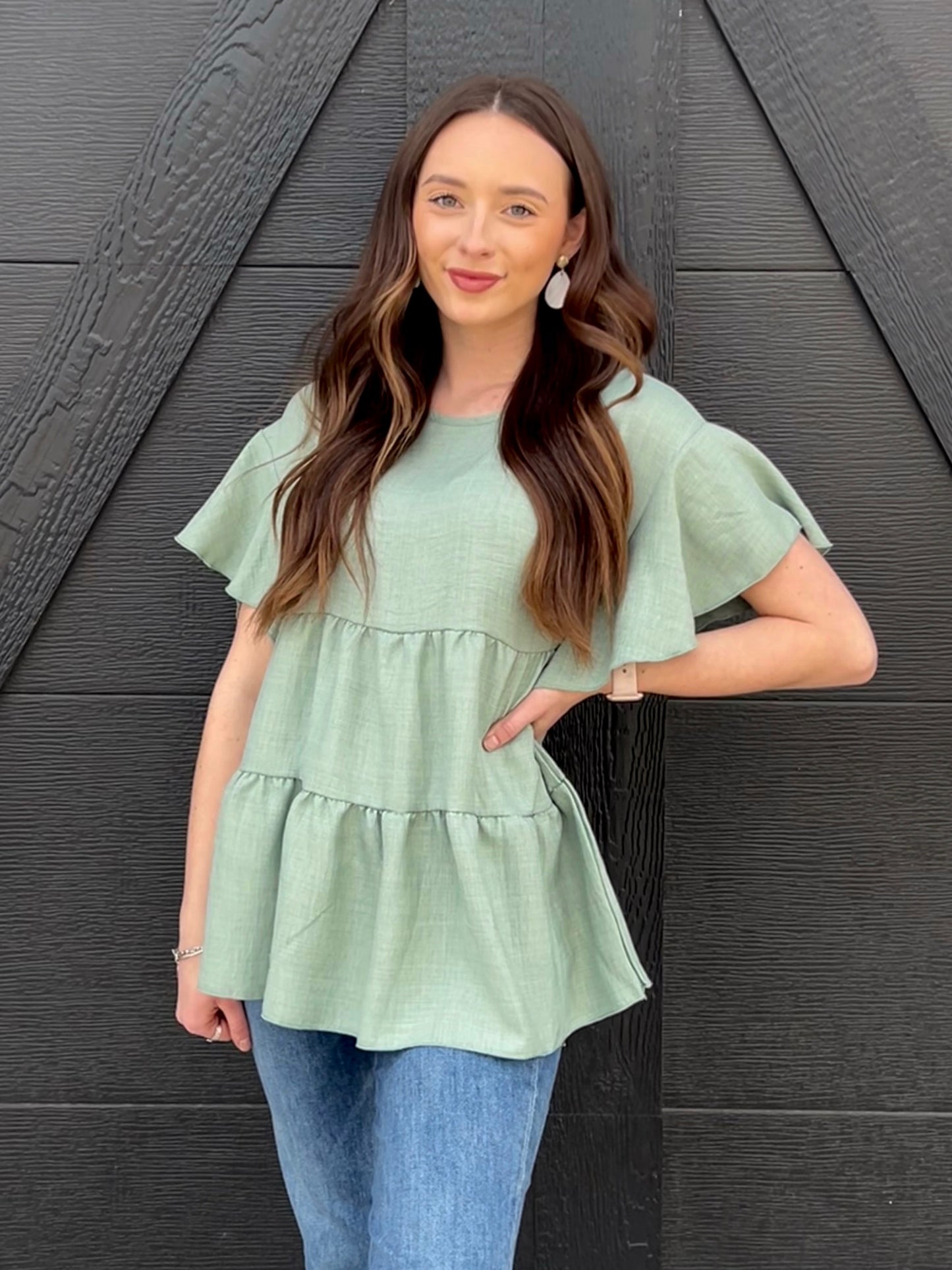 Linen Babydoll Top with Ruffle Sleeves