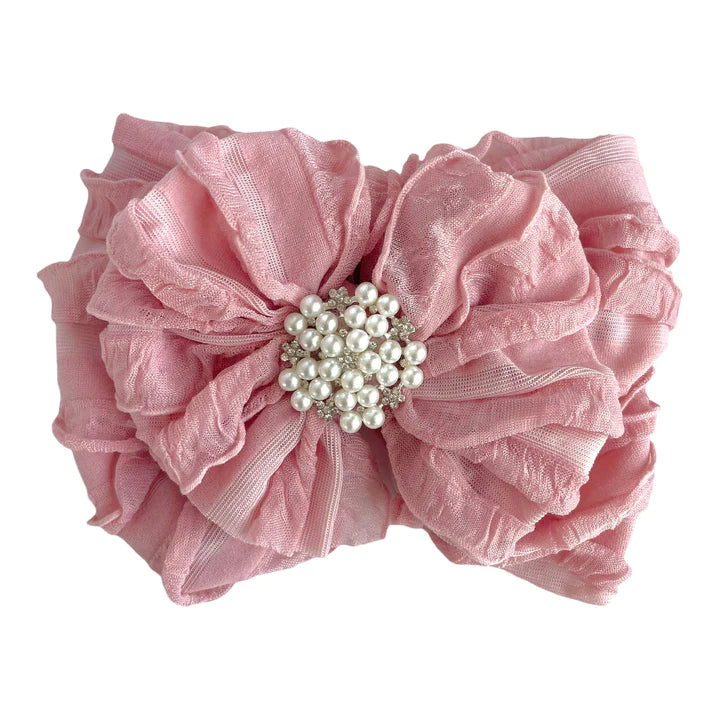 Pearl Ruffle Headband Bow - Peach