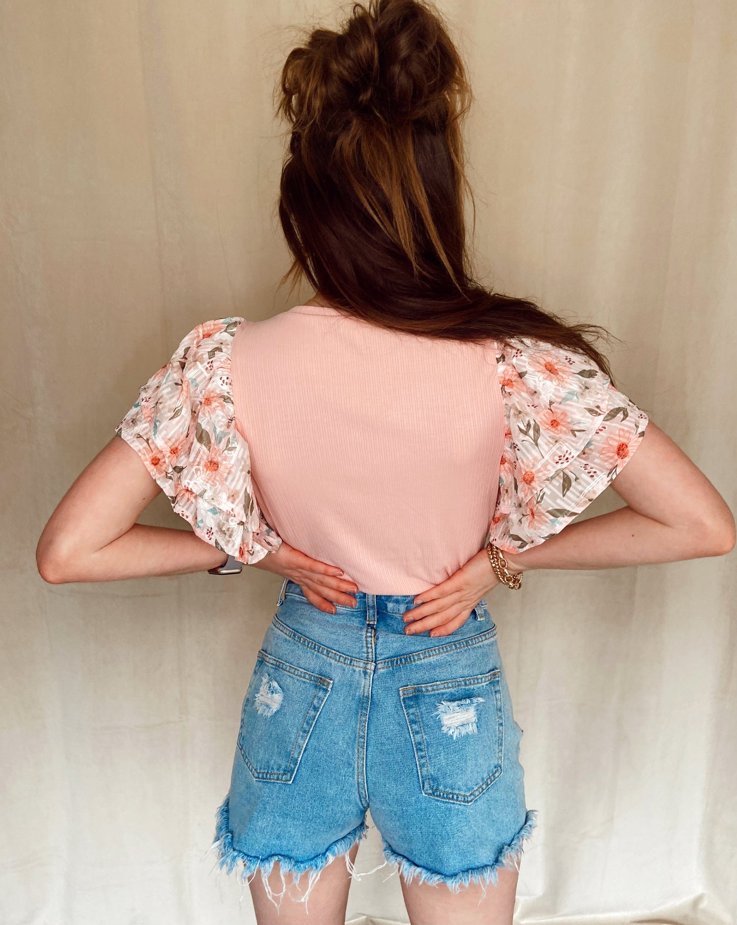 Pink Floral Tiered Sleeve Top