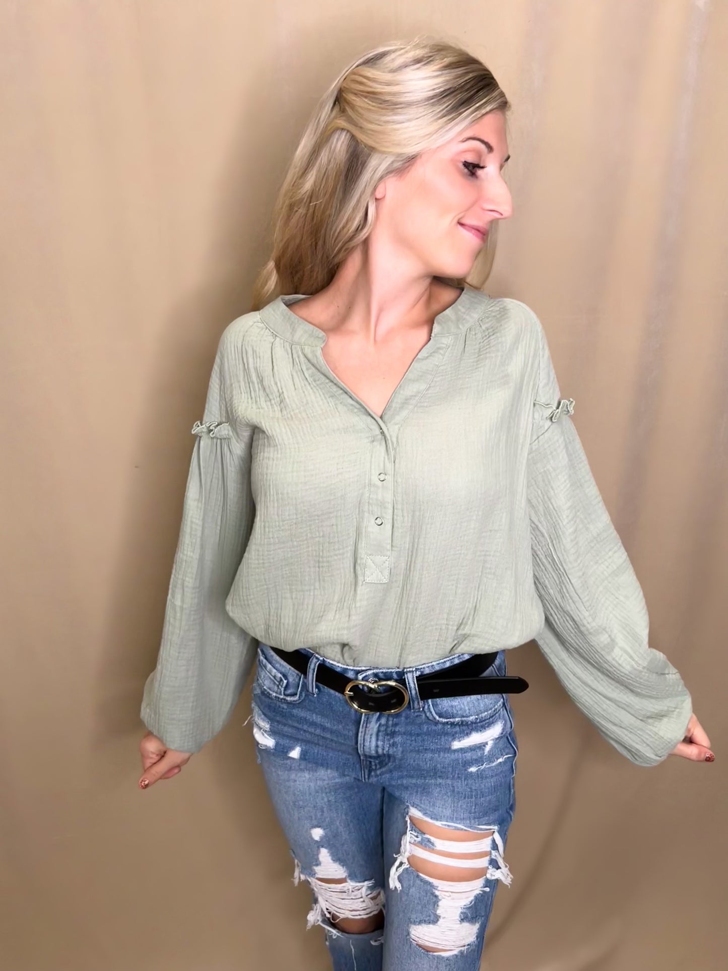 Balloon Sleeve Crinkle Top