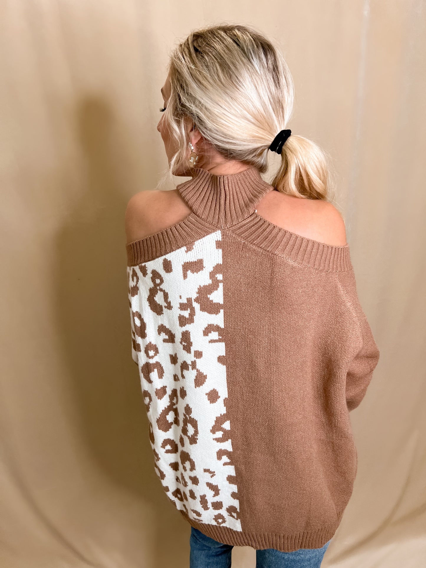 Leopard Cold Shoulder Knit Sweater