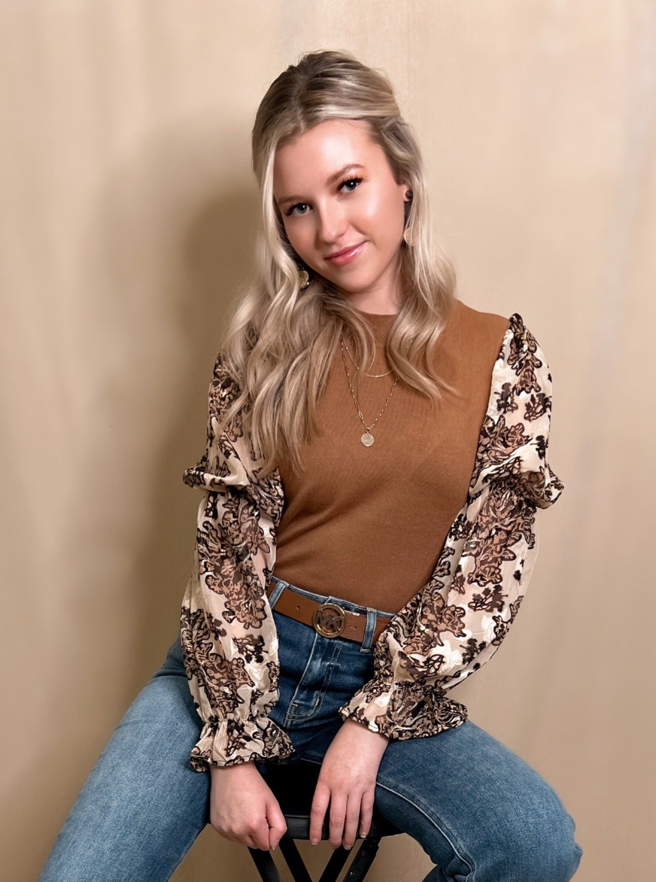 Brown Patterned Puff Sleeve Sweater