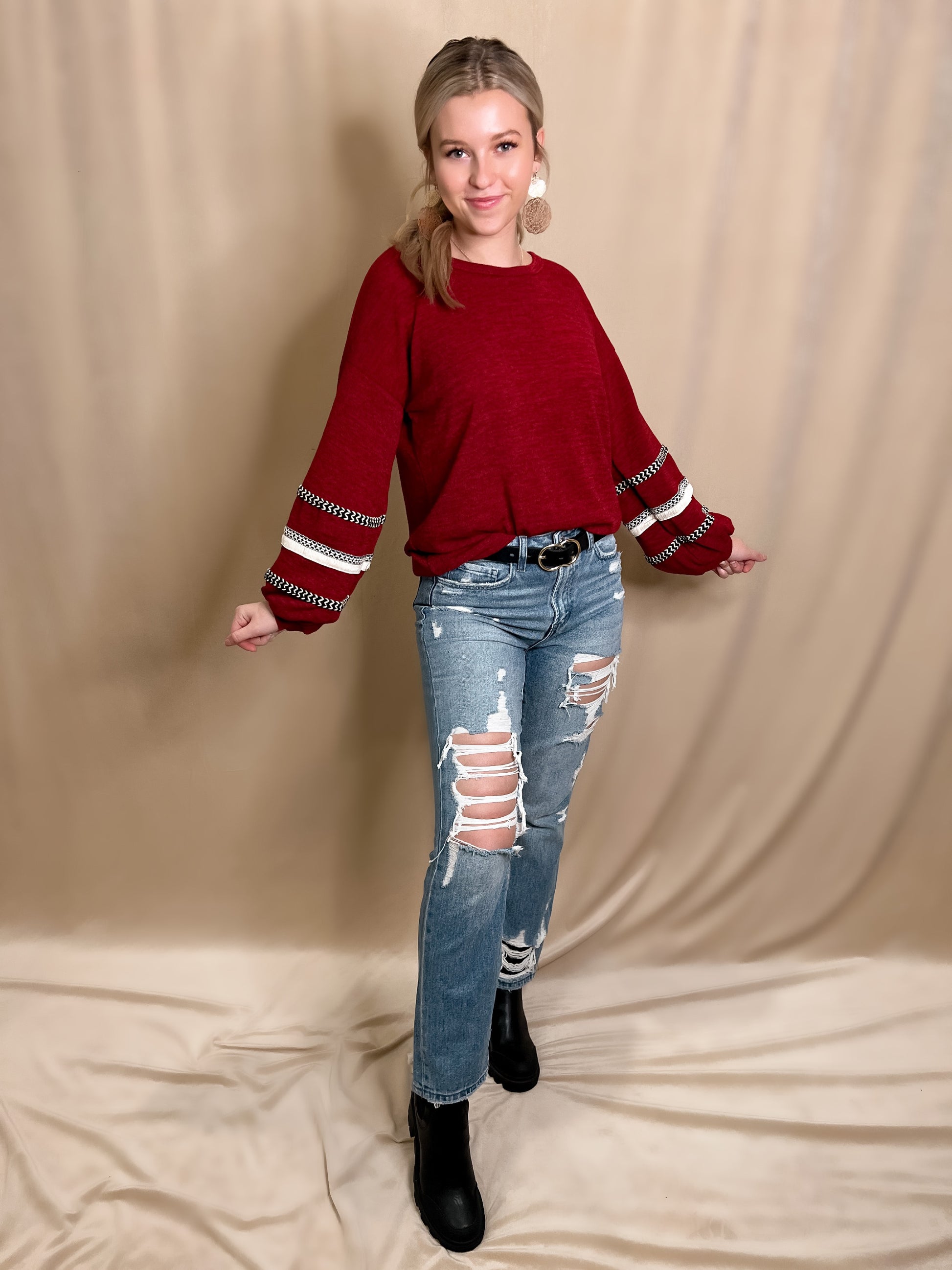 Red Puff Sleeve Jacquard Knit Sweater