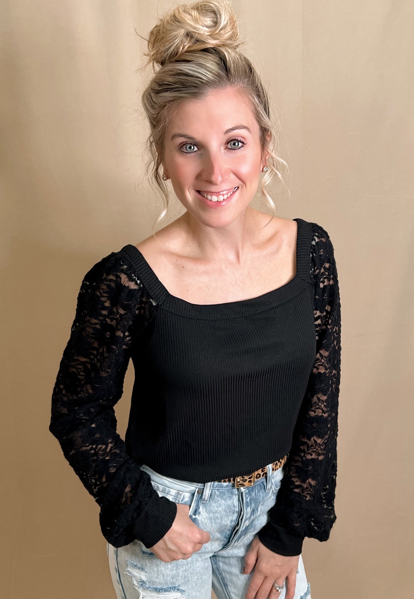 Black Lace Puff Sleeve Top