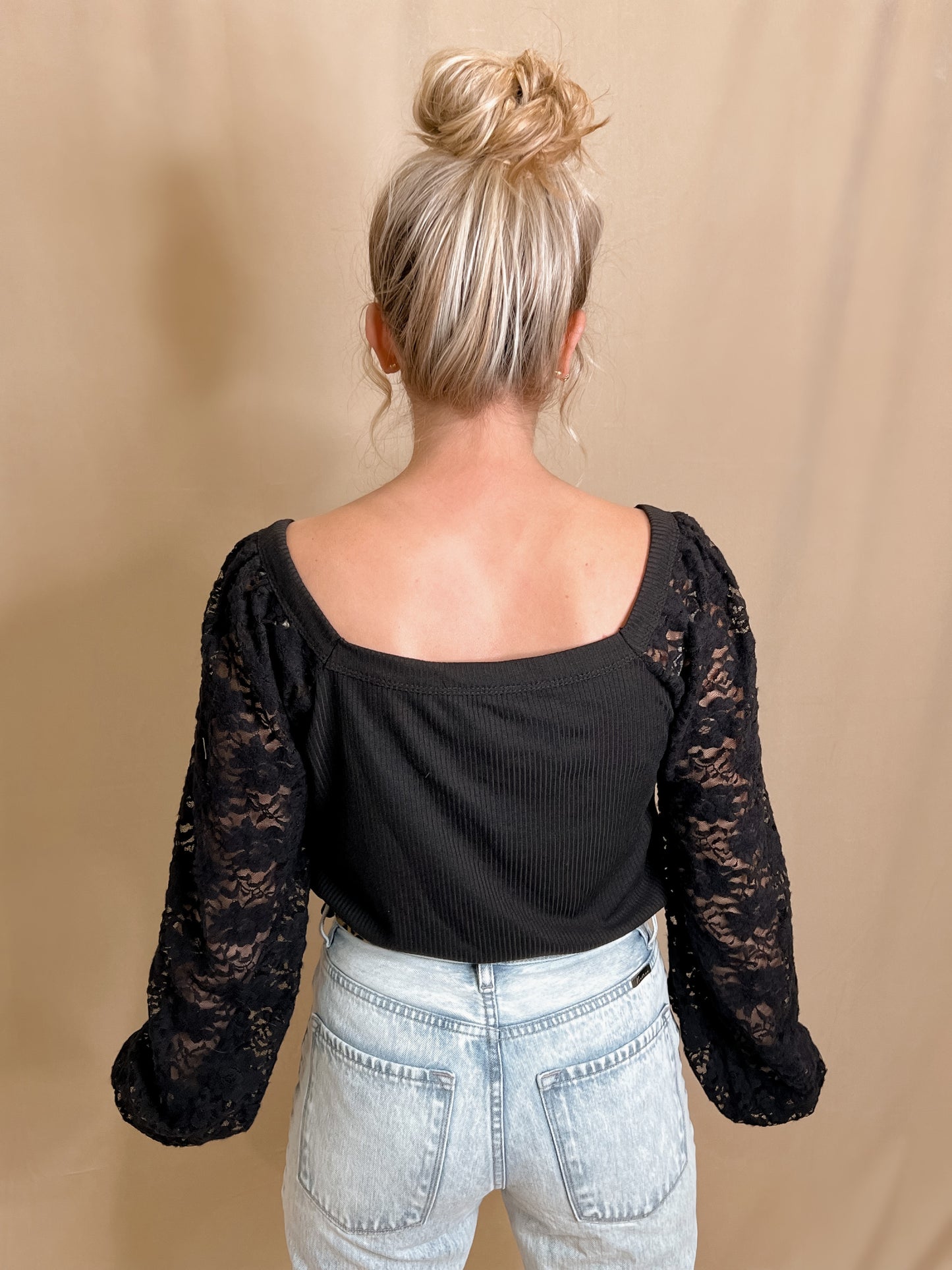 Black Lace Puff Sleeve Top