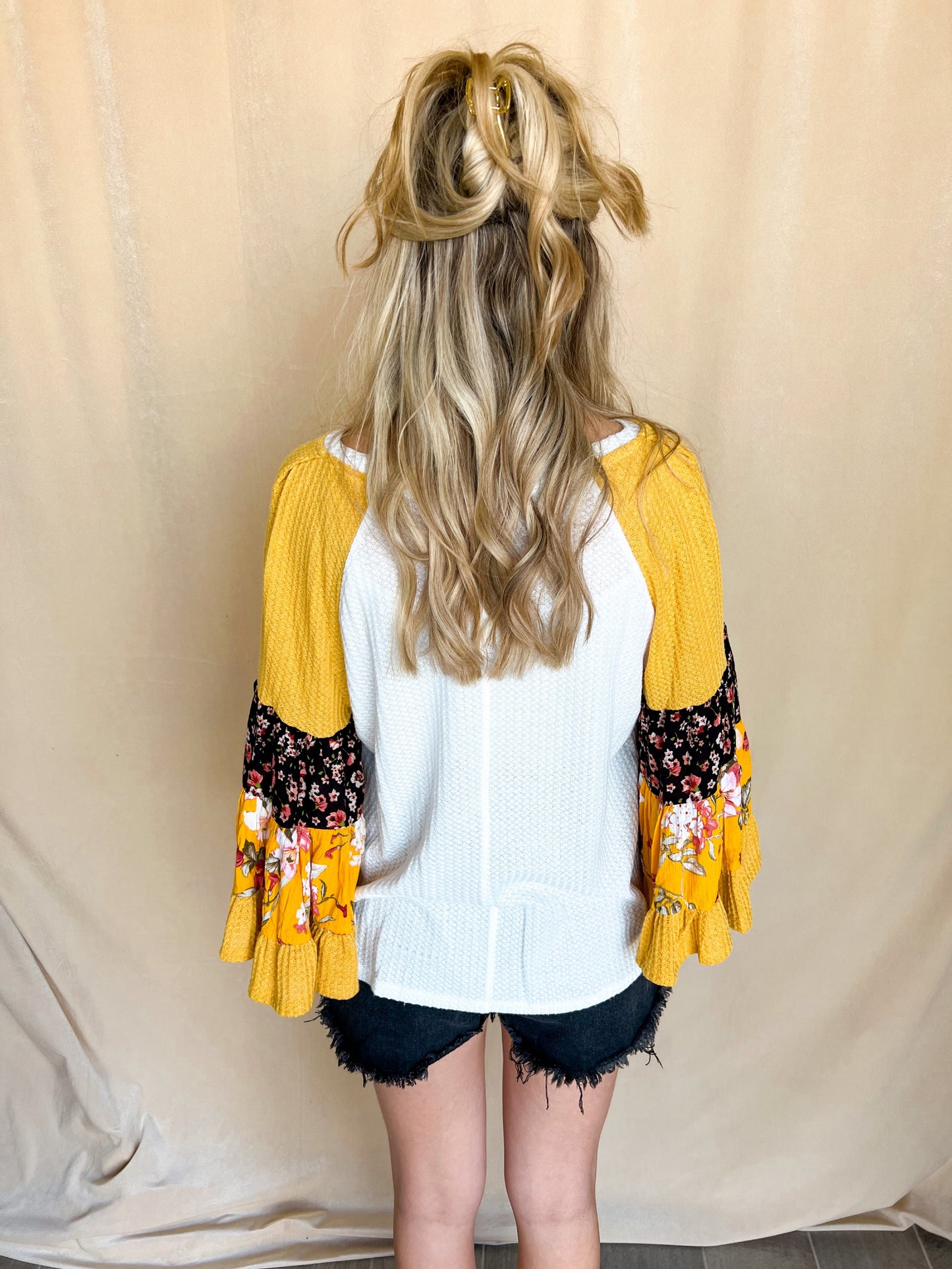 Floral Bell Sleeve Waffle Knit Top