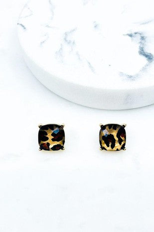 Cushion Cut Leopard Stud Earrings